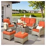 HOOOWOOO Ruby 6-Piece Wicker Outdoor Furniture Patio Conversation Sofa Set with a Solar-LED Coffee Table and Orange Red Cushions