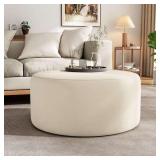 CHRISTOPHER KNIGHT HOME Cream Soft Velvet Modern Round Accent 30 in. Ottoman, No Assembly Required
