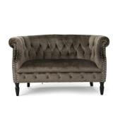Noble House Milani 52 in. Gray/Dark Brown Velvet 2-Seat Loveseat with Nailhead Trim