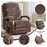 Clihome Brown Chenille Power Lift Recliner Chair with Dual Motor, Heat Massage, Solid Wood Arms, 350 lbs Capacity