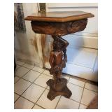 Carved Wood Pedestal Table with Female Figure Support and Floral Inlay Border