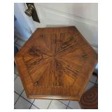 Carved Wood Pedestal Table with Female Figure Support and Floral Inlay Border