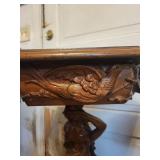 Carved Wood Pedestal Table with Female Figure Support and Floral Inlay Border
