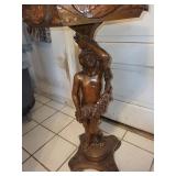 Carved Wood Pedestal Table with Female Figure Support and Floral Inlay Border