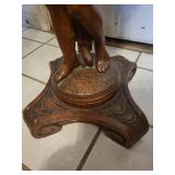 Carved Wood Pedestal Table with Female Figure Support and Floral Inlay Border