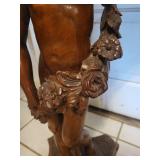 Carved Wood Pedestal Table with Female Figure Support and Floral Inlay Border