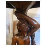 Carved Wood Pedestal Table with Female Figure Support and Floral Inlay Border
