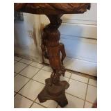 Carved Wood Pedestal Table with Female Figure Support and Floral Inlay Border
