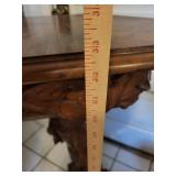 Carved Wood Pedestal Table with Female Figure Support and Floral Inlay Border