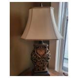 Antique-Style Table Lamp with Ornate Carved Leaf Base and Beaded Shade