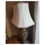 Antique-Style Table Lamp with Ornate Carved Leaf Base and Beaded Shade