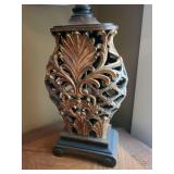 Antique-Style Table Lamp with Ornate Carved Leaf Base and Beaded Shade