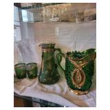 4-Piece Glass Pitcher & Tumbler Set with Gilt Trim and Cut-Glass Pattern