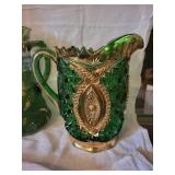 4-Piece Glass Pitcher & Tumbler Set with Gilt Trim and Cut-Glass Pattern