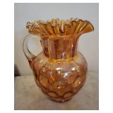 Amber Carnival Glass Pitcher with Ruffled Rim and Clear Handle