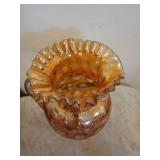 Amber Carnival Glass Pitcher with Ruffled Rim and Clear Handle