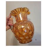 Amber Carnival Glass Pitcher with Ruffled Rim and Clear Handle
