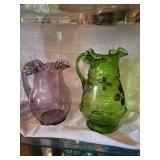 Two Colored Glass Pitchers with Ruffled Edges - Purple & Green (Lot of 2)