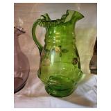 Two Colored Glass Pitchers with Ruffled Edges - Purple & Green (Lot of 2)