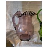 Two Colored Glass Pitchers with Ruffled Edges - Purple & Green (Lot of 2)