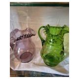 Two Colored Glass Pitchers with Ruffled Edges - Purple & Green (Lot of 2)