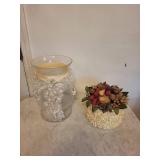 Glass Hurricane Vase Centerpiece with Crystal Bead Garland and Faux Berry Bouquet