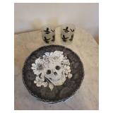 222 Fifth Marbella Skull Porcelain Plate & 2 Glass Tumblers - Dishwasher & Microwave Safe