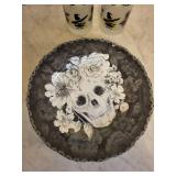 222 Fifth Marbella Skull Porcelain Plate & 2 Glass Tumblers - Dishwasher & Microwave Safe