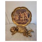 Sezzatini Italy Hand Painted Cherub Plate with Gold Frame and Winged Angel Figurine