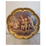 Sezzatini Italy Hand Painted Cherub Plate with Gold Frame and Winged Angel Figurine