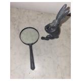 Vintage Metal Rabbit Figurine with Round Magnify glass Desk Top Ornament