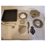 Antique Silver-Plate Vanity Set - Engraved Tray, Lidded Box & Floral Scroll Pieces