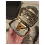 Antique Silver-Plate Vanity Set - Engraved Tray, Lidded Box & Floral Scroll Pieces