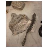 Antique Silver-Plate Vanity Set - Engraved Tray, Lidded Box & Floral Scroll Pieces