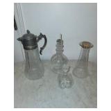 Vintage Glass Decanter Set with Metal Hardware and Stoppered Bottles (Lot of 3)