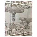 Crystal Cut Glass Pedestal Compotes (3) with Assorted Stemware - Beaded Rim & Starburst Pattern