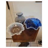 Blue Glass Vase with 2 Ruffled Edge Bowls -fenton colonial blue bowl (Lot of 3)