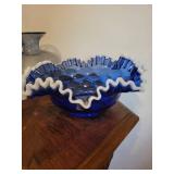 Blue Glass Vase with 2 Ruffled Edge Bowls -fenton colonial blue bowl (Lot of 3)