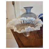 Blue Glass Vase with 2 Ruffled Edge Bowls -fenton colonial blue bowl (Lot of 3)