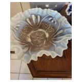 Blue Glass Vase with 2 Ruffled Edge Bowls -fenton colonial blue bowl (Lot of 3)