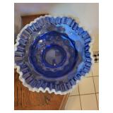Blue Glass Vase with 2 Ruffled Edge Bowls -fenton colonial blue bowl (Lot of 3)