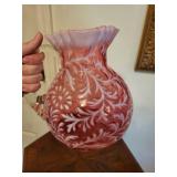 Fenton Cranberry Opalescent Water Vase with Ruffled Edge - Vintage