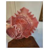 Fenton Cranberry Opalescent Water Vase with Ruffled Edge - Vintage