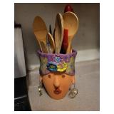 Whimsical Ceramic Head Utensil Holder with Assorted Wooden Spoons & Spatulas