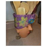Whimsical Ceramic Head Utensil Holder with Assorted Wooden Spoons & Spatulas