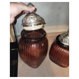 Decorative purple Glass Jars with Ornate Silver Floral Lids (Lot of 2)