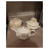 Porcelain Teapot Featuring 3D Floral Blossoms - Teapot With Lid & Covered Sugar Bowl (3-Piece Set)
