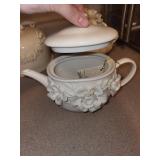 Porcelain Teapot Featuring 3D Floral Blossoms - Teapot With Lid & Covered Sugar Bowl (3-Piece Set)