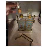 Art Deco Glass Decanter Set in Brass Frame with Blue Panels