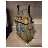 Art Deco Glass Decanter Set in Brass Frame with Blue Panels